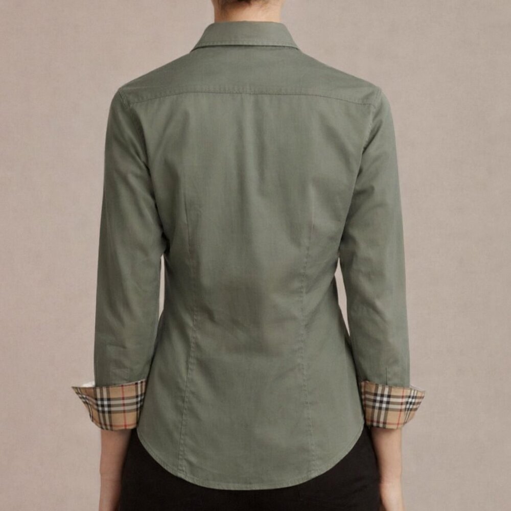 Burberry Army Green Button Down Shirt with Nova Check Trim - Picture 2 of 16